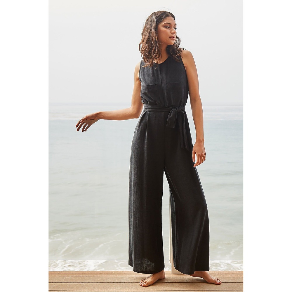 Rachel Pally Cortez Linen Jumpsuit‎ Size L Black Wide Leg Sleeveless NWT